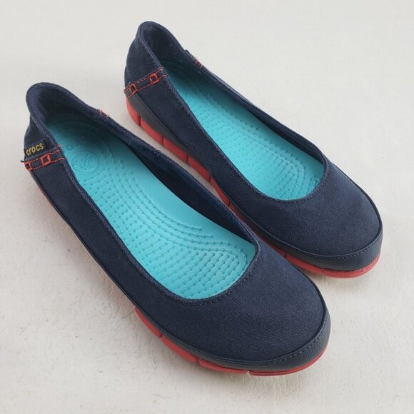 Crocs Skimmer Slip On Shoe Womens 7 Blue Comfort Stretch Sole Canvas Flat - Picture 1 of 10